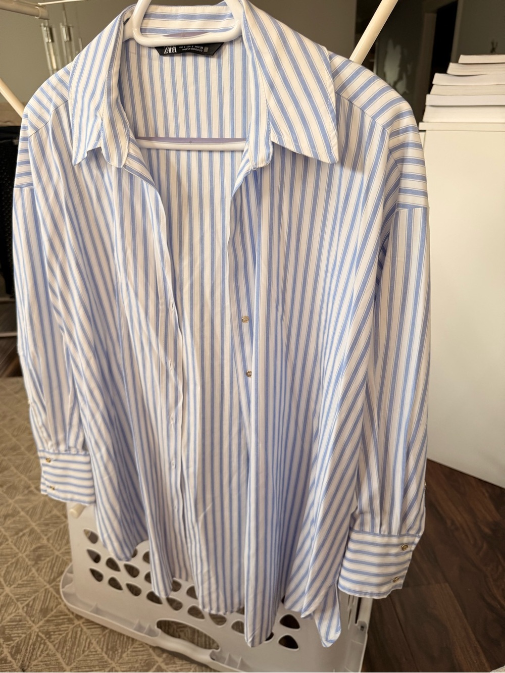 Zara women’s Light Blue and White Striped Dress Shirt